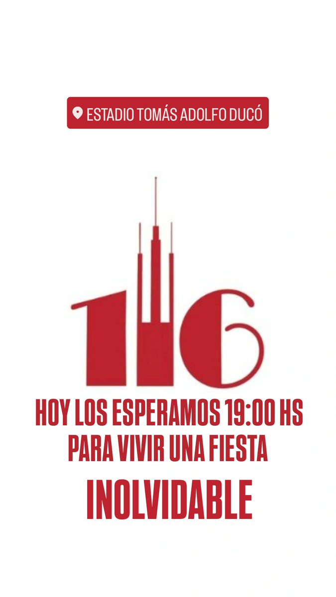 HOY LOS ESPERAMOS 19:00HS PARA VIVIR UNA FIESTA INOLVIDABLE 🎈

🏟 Estadioduco_oficial 

116 AÑOS de HISTORIA. 

VAMOS GLOBO 🎈 TODOS JUNTOS 💪
.
.
.
.
#ClubAtléticoHuracán  #AgrupaciónJorgeNewbery #EstadioTomásADucó #VamosGlobo #HuracanYNadaMás