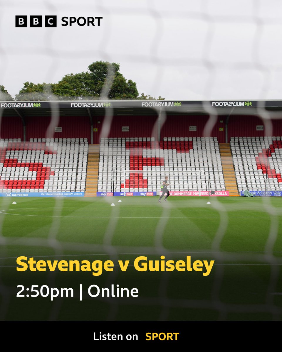 📻 Live from the Lamex Stadium!

🎙️ Join <a href="/_LouisReynolds/">Louis Reynolds</a> and <a href="/lucas_odunston/">Lucas Odunston</a> for commentary of Stevenage v Guiseley in the FA Cup first round.

Listen 👉 bbc.in/4hsGurY

#GAFC | #BBCFootball | #FACup