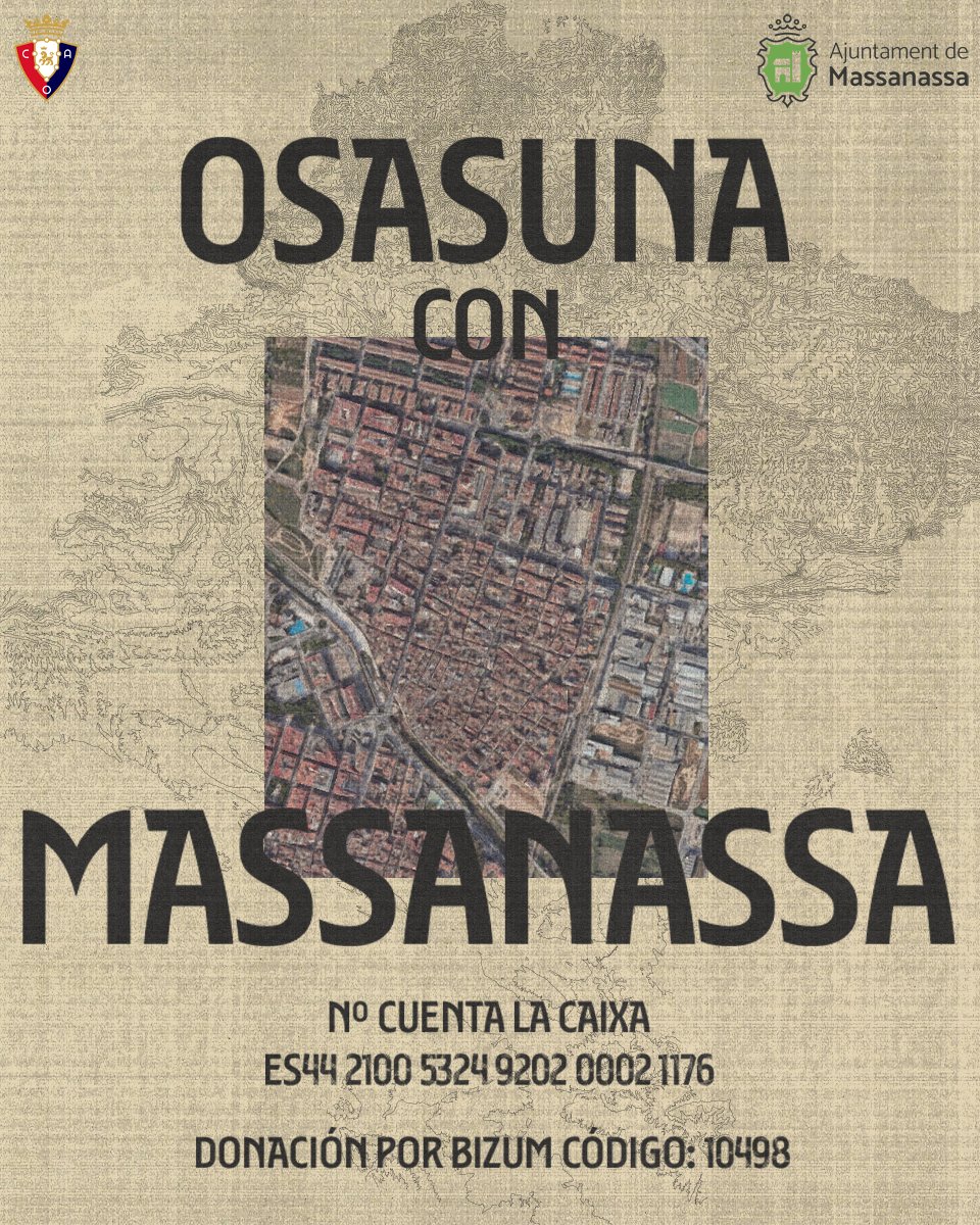 Osasuna colaborará en la reconstrucción de Massanassa, la localidad de su entrenador, Vicente Moreno.

buff.ly/3AqEM9L

#OsasunaConMassanassa