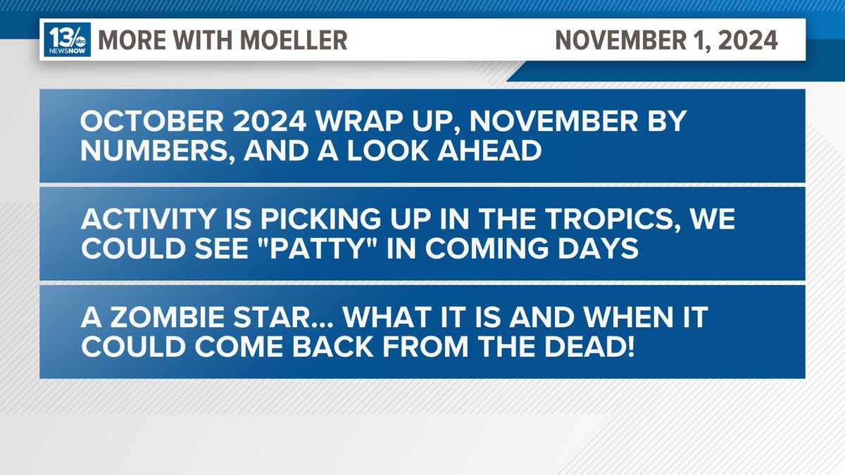 CraigMoellerTV's tweet photo. If you enjoy deeper dives into weather, check out "More with Moeller" at 10:30AM (Eastern) on the 13NewsNow Plus app. 
Tropics are heating up, I have the November outlook across the country, and an interview with NASA about a "Zombie Star" soon to make an appearance. #13NewsNow https://t.co/1RGiFz03eE