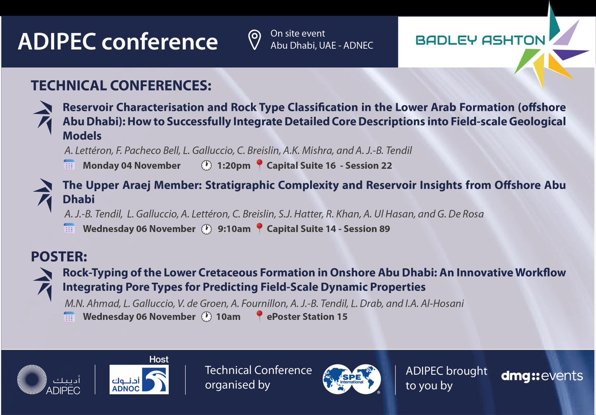 BadleyAshton's tweet photo. Badley Ashton will play a key role at ADIPEC 2024 next week in Abu Dhabi, with 3 technical talks. Engage with our specialists to explore new findings and pioneering solutions for reservoir characterization. Thanks to ADNOC, partners, and all co-authors. #ADIPEC2024 #Innovation https://t.co/mOHLosiUlL