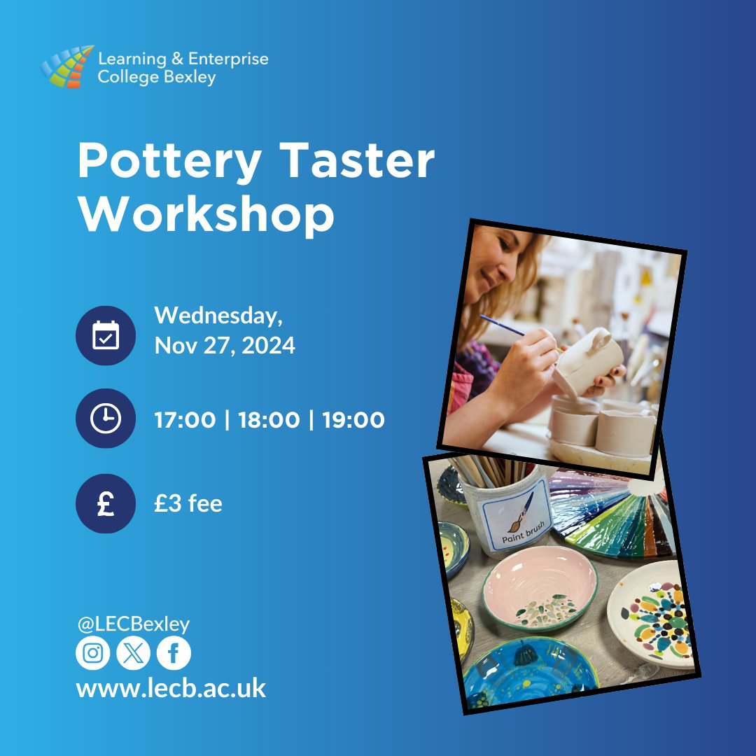 LECBexley's tweet image. Join us for our Pottery Workshop sessions at LECB on Wednesday 27 November at our Open Evening! 

Just £3 for materials to make your own masterpiece. You don't want to miss this!
#LECBOpenDay #PotteryFun

Click the link below for tickets now:
ow.ly/J0Q050TX0xK