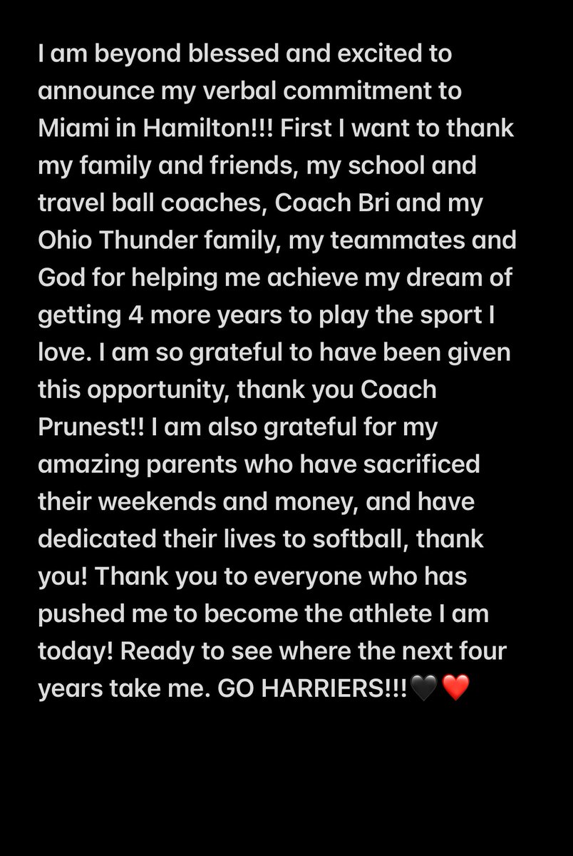 Destiny Zimmer 2025 (@destinyzimmer3) on Twitter photo ONTO THE NEXT 4!! Words cannot express how excited and thankful I am, can’t wait to become a harrier❤️🖤 <a href="/07OhioThunder/">Ohio Thunder 07 Green</a> <a href="/MUHsoftball/">MUH Softball</a> ONTO THE NEXT 4!! Words cannot express how excited and thankful I am, can’t wait to become a harrier❤️🖤 <a href="/07OhioThunder/">Ohio Thunder 07 Green</a> <a href="/MUHsoftball/">MUH Softball</a>
