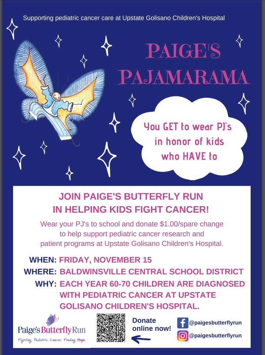 We are excited to once again support the Paige's Butterfly Run Organization and their annual Paige's Pajamarama fundraiser event on November 15th. Last year we raised over $7,000. Donations to the Baldwinsville fundraiser can be made here: form-renderer-app.donorperfect.io/give/paiges-bu… Go Bees!