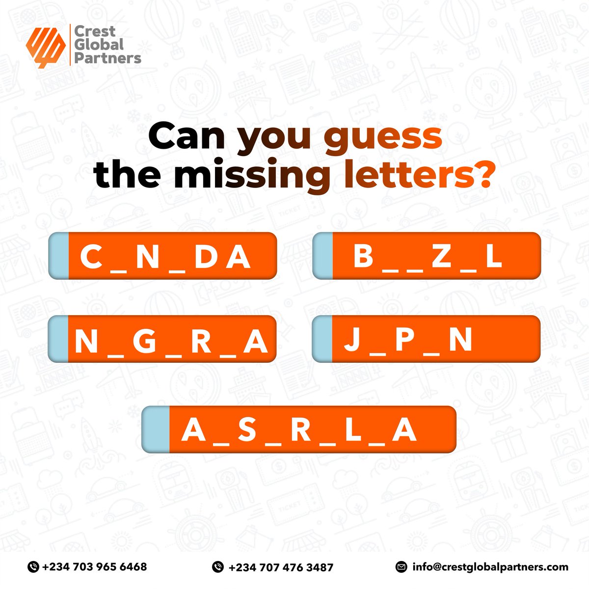 CGPLimited_'s tweet photo. โ๏ธ ๐บ๏ธ Guess these countries and letโs see how globally savvy you are!
#CrestGlobalPartners #Games #Friday #Quiz #GuessTheCountry #TravelTrivia #WorldGeography #KnowYourCountries #CrestGlobalPartners #ExploreTheWorld #GeoChallenge #TravelQuiz #ImmigrationExperts https://t.co/6NacEfJemz