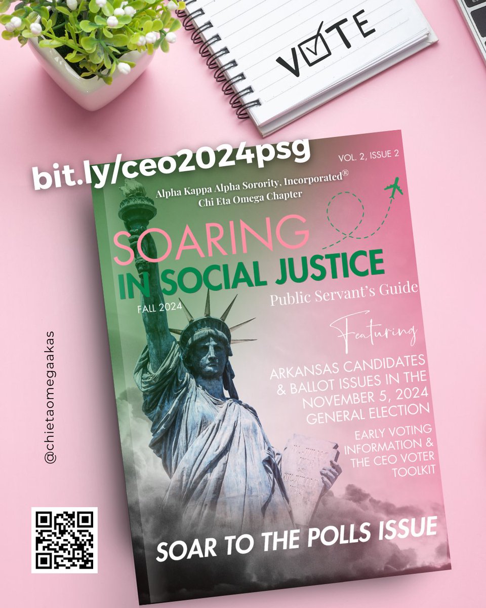 We're excited to share a special edition of our "Soaring in Social Justice Public Servant's Guide," focusing on candidates and ballot issues for the November 5th General Election in Arkansas. For more details, visit bit.ly/ceo2024psg or scan the QR code. #ChiEtaOmegaAKAs