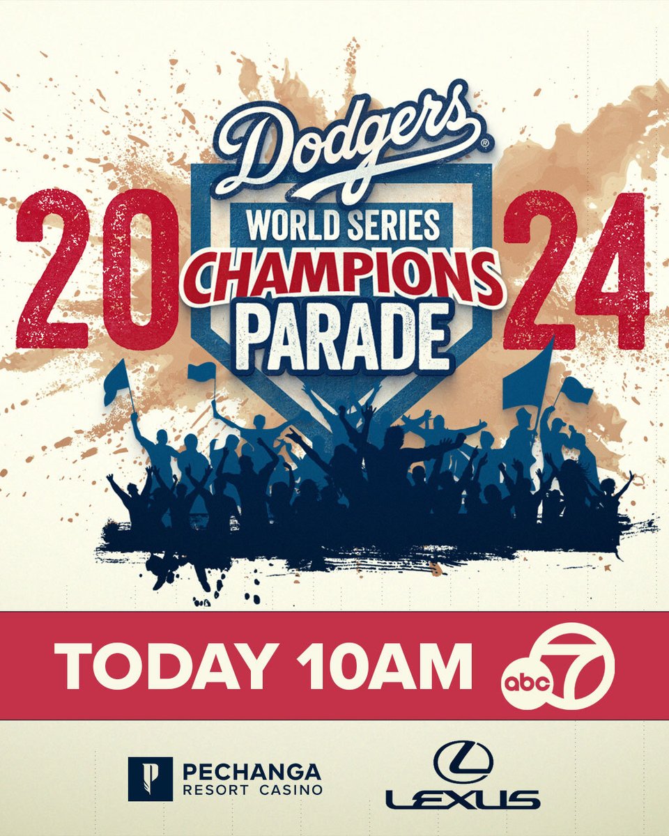 ABC7's tweet image. HAPPENING TODAY! Starting at 10 a.m., ABC7 will carry live coverage of the Dodgers World Series parade on air and via our streaming platforms. 🥳🏆💙

Here's everything you need to know: abc7.la/3AlKsSn