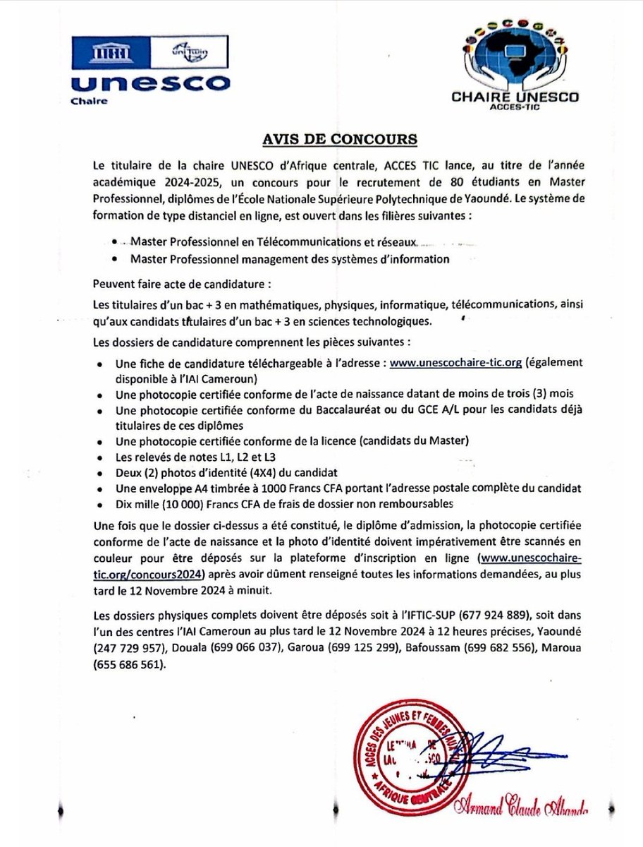 cuacatic's tweet photo. 🎓 #Concours2024 📢 La Chaire UNESCO Afrique Centrale ACCES-TIC en collaboration avec son partenaire stratégique IFTIC-SUP, lance un concours pour recruter 80 étudiants en Master Professionnel dans les filières Télécommunications et Réseaux et Management des SI. https://t.co/IDQhfbK8v1