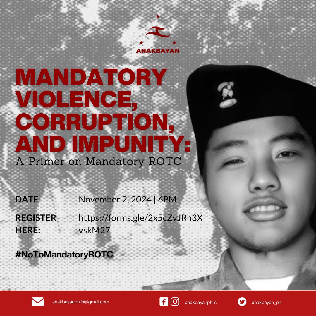 anakbayan_ph's tweet photo. Ano nga ba ang tunay na minamandato ng mandatory ROTC? Pagkamakabayan ba ang hazing? Kahandaan ba sa kalamidad ang pagpatay? Disiplina ba ang kurapsyon at redtagging?

Sumali sa talakayan! Bukas, alas sais ng gabi. Magrehistro dito: https://t.co/SaPezZEgAa

#NoToMandatoryROTC https://t.co/MuYbU57Ajo