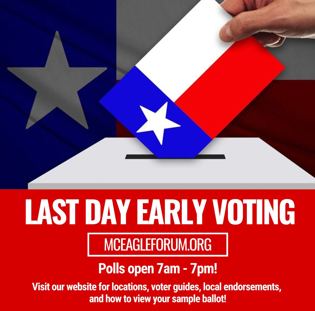 MCEagleForum's tweet photo. Today is the last day of Early Voting! Polls are open until 7pm!
Visit our website for voting locations, voter guides & endorsements, instructions for viewing your personal sample ballot, and more.
๐ https://t.co/3rg9pCPDEM
#mceagleforum #VoteBiblicalValues #PrayForAmerica https://t.co/Vx1sGgRKUo