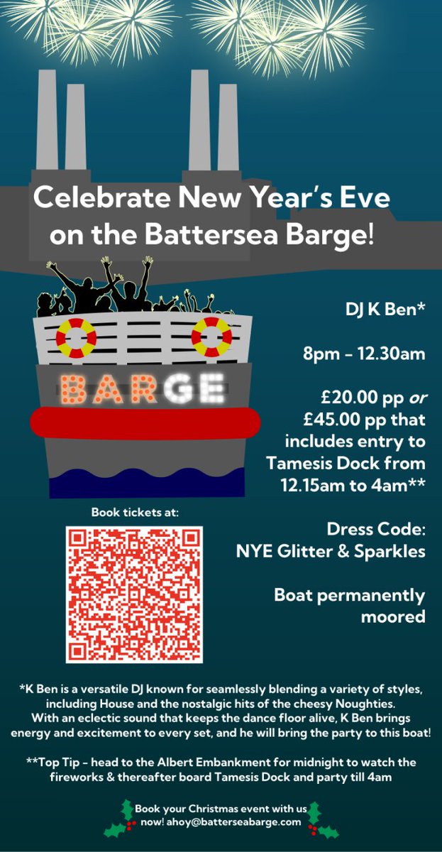 Let's party on New Year's Eve at the Battersea Barge! Tickets at designmynight.com/london/bars/va… (only £20... or £45 if you want to party on til 4am on Tamesis Dock!). 🥳