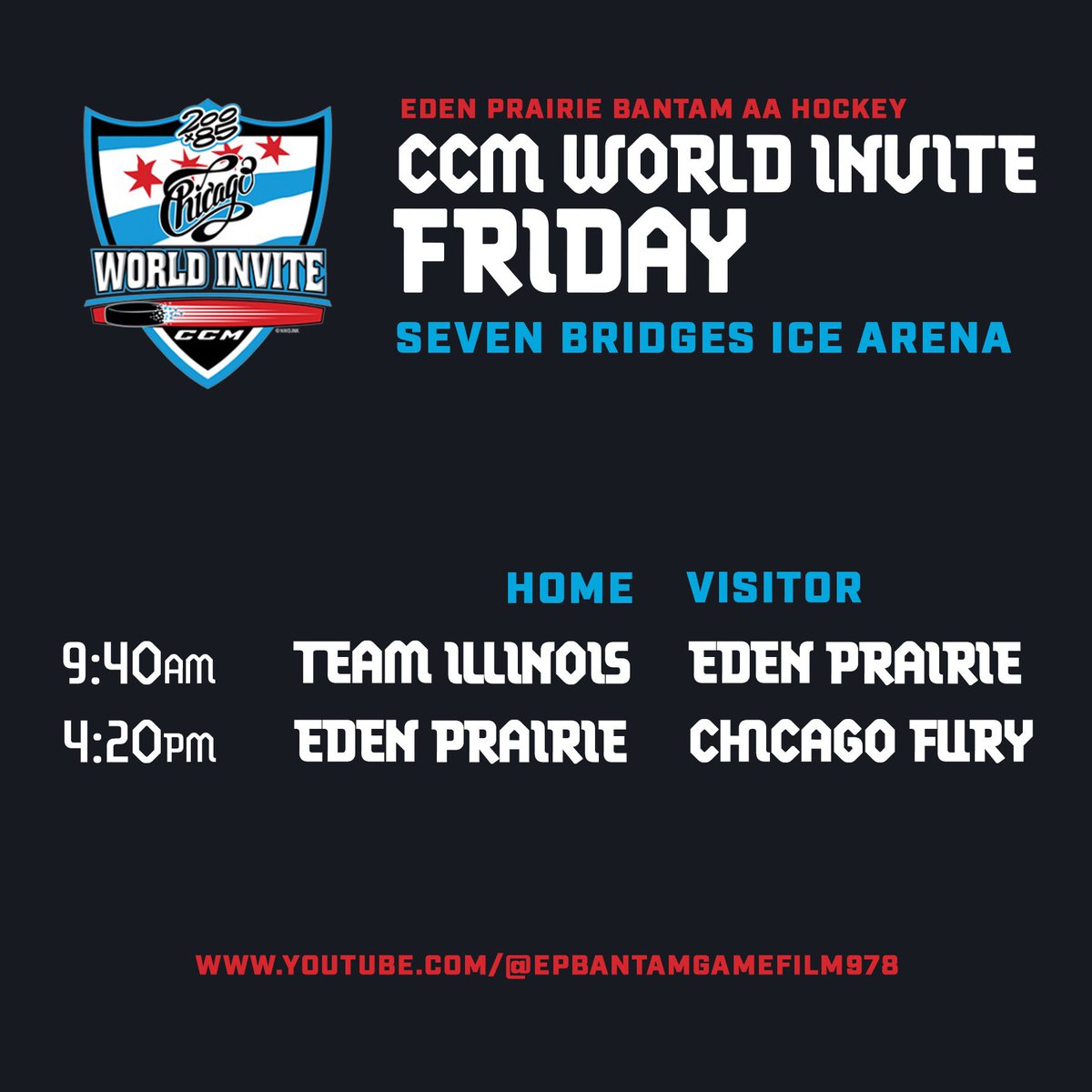 Kickin’ off the <a href="/200x85/">200x85</a> #ccmworldinvite in Chicago💨 🏙️
vs Team Illinois // 9:40am
vs Chicago Fury // 4:20pm

<a href="/HockeyEPHA/">Eden Prairie Hockey Association</a> #ephockey

youtube.com/@epbantamgamef…