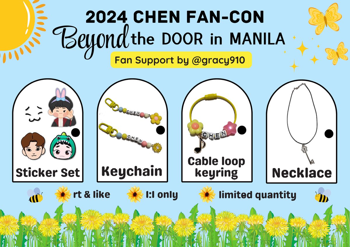 2024 CHEN FAN-CON
𝓑𝓮𝔂𝓸𝓷𝓭 𝐭𝐡𝐞 𝐃𝐎𝐎𝐑 𝐢𝐧 𝐌𝐀𝐍𝐈𝐋𝐀 Fan Support 

🌼 Sticker Set
🌼 Keychain
🌼 Cable loop keyring
🌼 Necklace

No to trade, I will give this randomly on D-day 

See you soons and exols 💛

#CHEN
#Beyond_the_DOOR_in_MANILA 
#CHENinMNL
