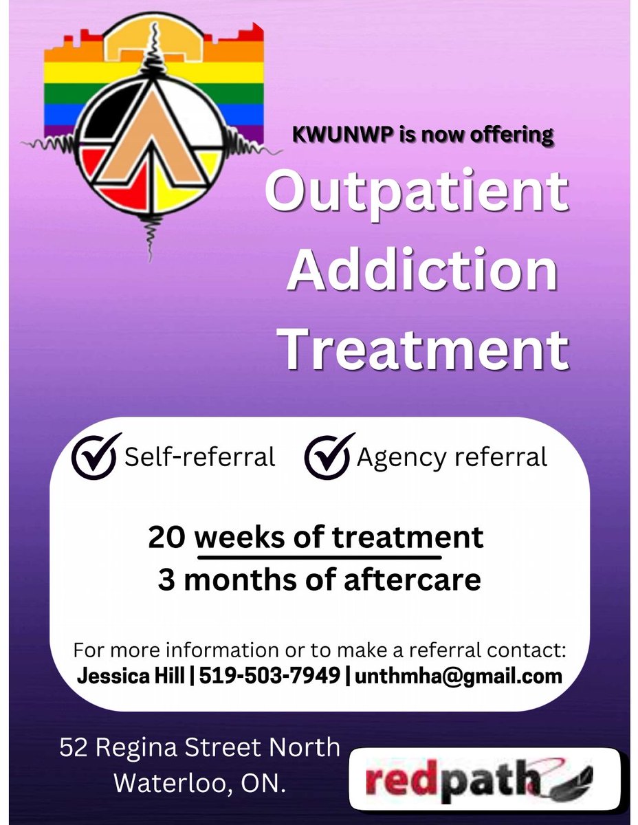 KWUNWP is now offering Outpatient Addiction Treatment. For more info or to make a referral, contact Jessica Hill at 519-503-7949 or unthmha@gmail.com