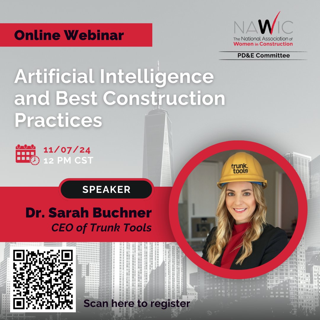 Join the PD&amp;E Committee and speaker Dr. Sarah Buchner, to gain insights into the future of construction AI and how it's transforming the industry.

Click here to register:ow.ly/rQIt50TVK6U

#NAWIC #PDECommittee #Womeninconstruction #AI