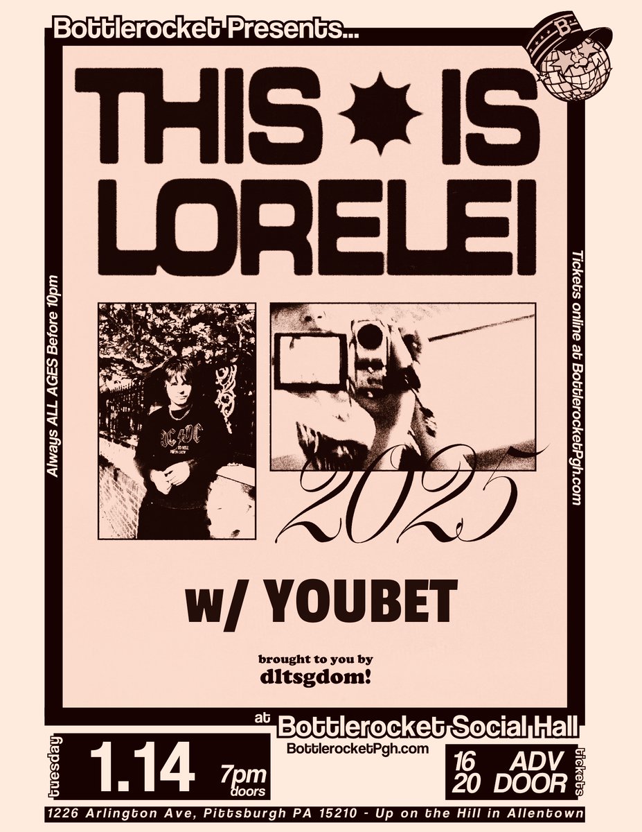 DLTSGDOM! Collective (@dltsgdomshows) on Twitter photo ON SALE NOW: This is Lorelei w/ youbet 1/14 at <a href="/BottlerocketPgh/">Bottlerocket Social Hall</a>!!
TICKETS: app.opendate.io/e/this-is-lore… ON SALE NOW: This is Lorelei w/ youbet 1/14 at <a href="/BottlerocketPgh/">Bottlerocket Social Hall</a>!!
TICKETS: app.opendate.io/e/this-is-lore…