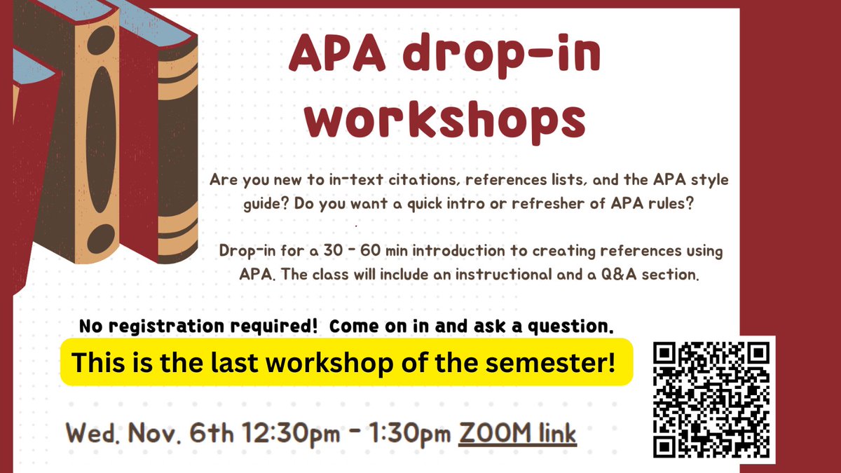 Are you new to APA or need a refresher?
 
Drop-in for a 30 - 60 min introduction to creating references using APA. The class will include an instructional and a Q&amp;A section.

No need to register, just drop in.

Scan the QR code or use the URL libraryguides.centennialcollege.ca/c.php?g=584090…