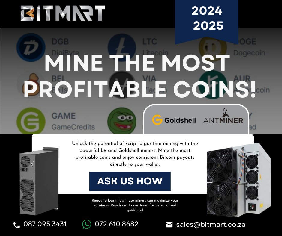 BitmartSA's tweet image. Leverage the power of L9 and Goldshell miners to mine the most #profitable coins on the #scriptalgorithm! 💸 Enjoy steady #Bitcoin payouts, no hassle! Ready to start? Ask us how! 👇
forms.gle/WuT2aqCb165Eeh…
#CryptoMining  #L9Miner #GoldshellMiner #PassiveIncome #CryptoEarnings