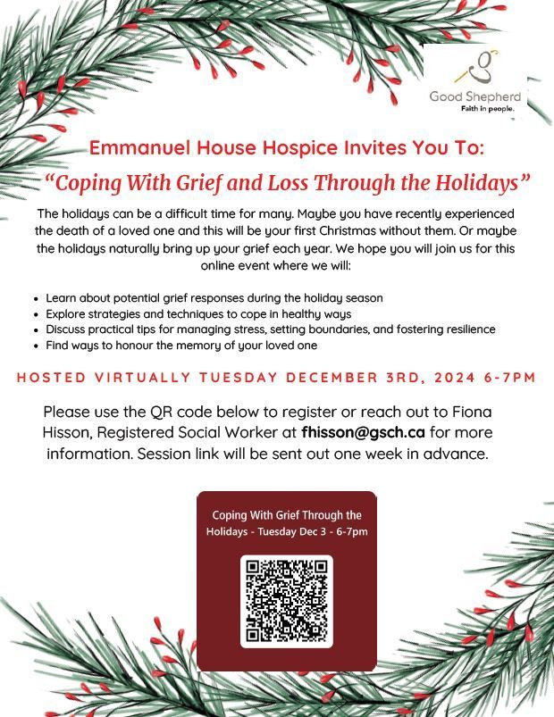 GoodShepherdHam's tweet photo. Coping with Grief and Loss this Holiday Season - virtual session will be offered on Dec 3, 2024.  See the poster for details and use the QR code to register! 🕊️ https://t.co/PicS9Uv2DK