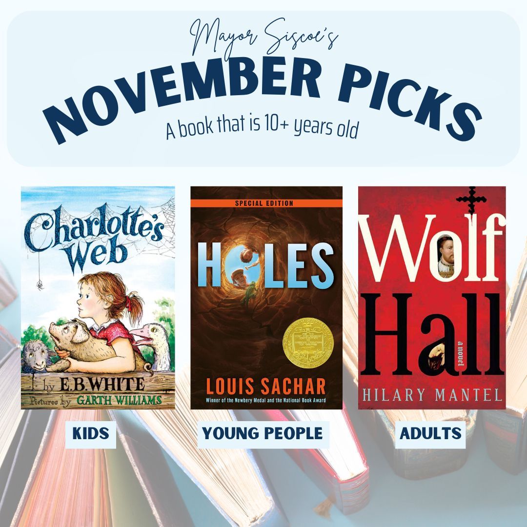 MatSiscoe's tweet photo. 📚 November’s #ReadSTC challenge is all about books that have stood the test of time!
Kids: Charlotte’s Web 🕸️
Young People: Holes ⛏️
Adults: Wolf Hall 👑
Grab your copy and join the fun! Share your reads with #MayorsReadingChallenge 📖
@stcathlibrary https://t.co/fsG81CFsWi