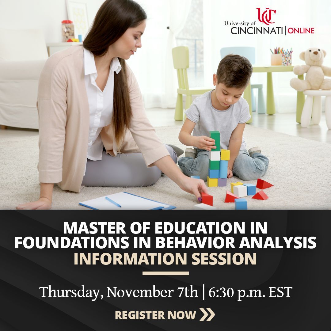 AutismParentMag's tweet image. Curious about a career in behavior analysis? UC’s online M.Ed. program has answers! Attend our info session in Nov. for insights into courses, careers, and more. Register today. 

buff.ly/3YLdOD9

#BehaviorAnalysis  #AD