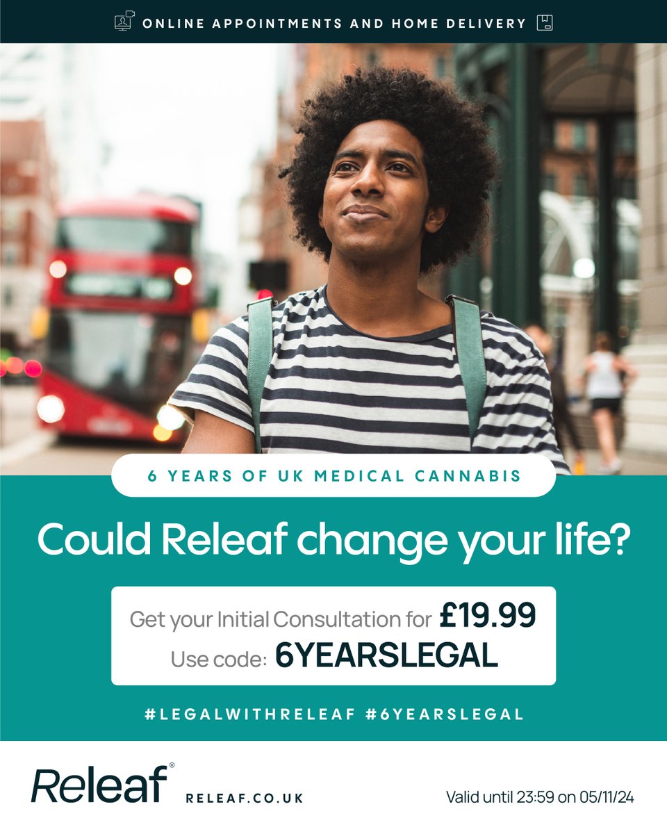 releaf_uk's tweet photo. 🎉Celebrating 6 years of medical cannabis in the UK!  🎉Save £80 on your initial consultation at Releaf for just £19.99. Use code 6YEARSLEGAL until 23:59 on 03/11/24. Delivered to your door! 🌱 https://t.co/7y99kgN5Ft #6YearsLegal #LegalWithReleaf https://t.co/f76ufqC2oC