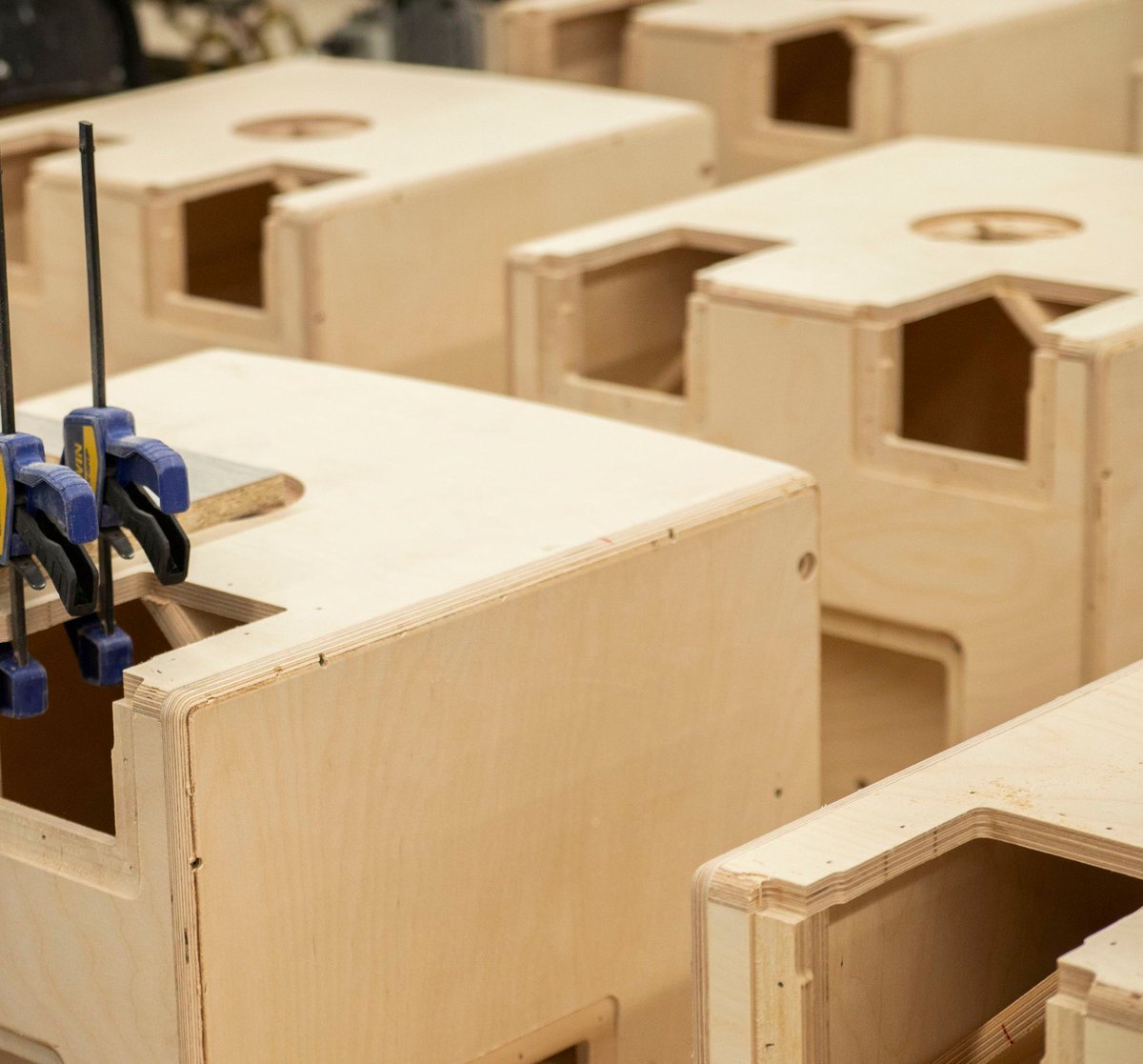 Our PS18S 18” powered subwoofers getting ready for painting.