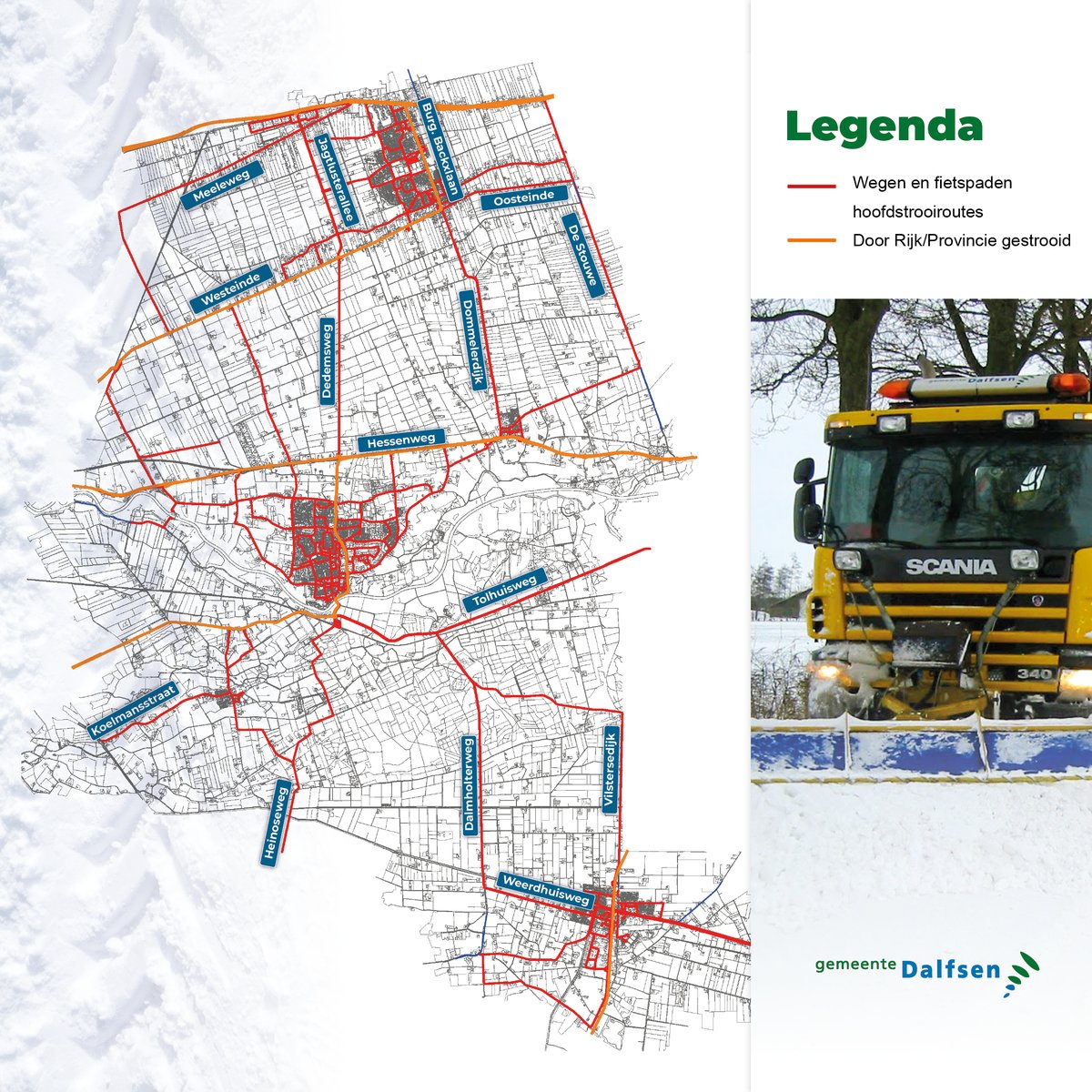 Vanaf vandaag staan de strooiploegen van de gemeente Dalfsen weer dag én nacht paraat. Als de weerssituatie en de situatie op de wegen aanleiding zijn om te strooien, zijn eerst de hoofdroutes aan de beurt. Meer info &amp; routes: dalfsen.nl/gladheid