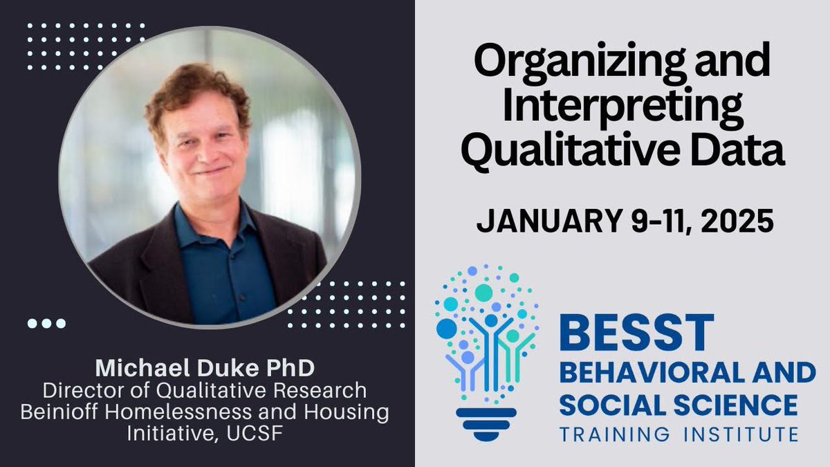 UCSFCAPS's tweet image. 📝 *Organizing and Interpreting Qualitative Data* workshop at UCSF offers practical training from January 9-11, 2025. 

Register now!  prevention.ucsf.edu/about/besst-in…
#ResearchTraining #QualitativeData