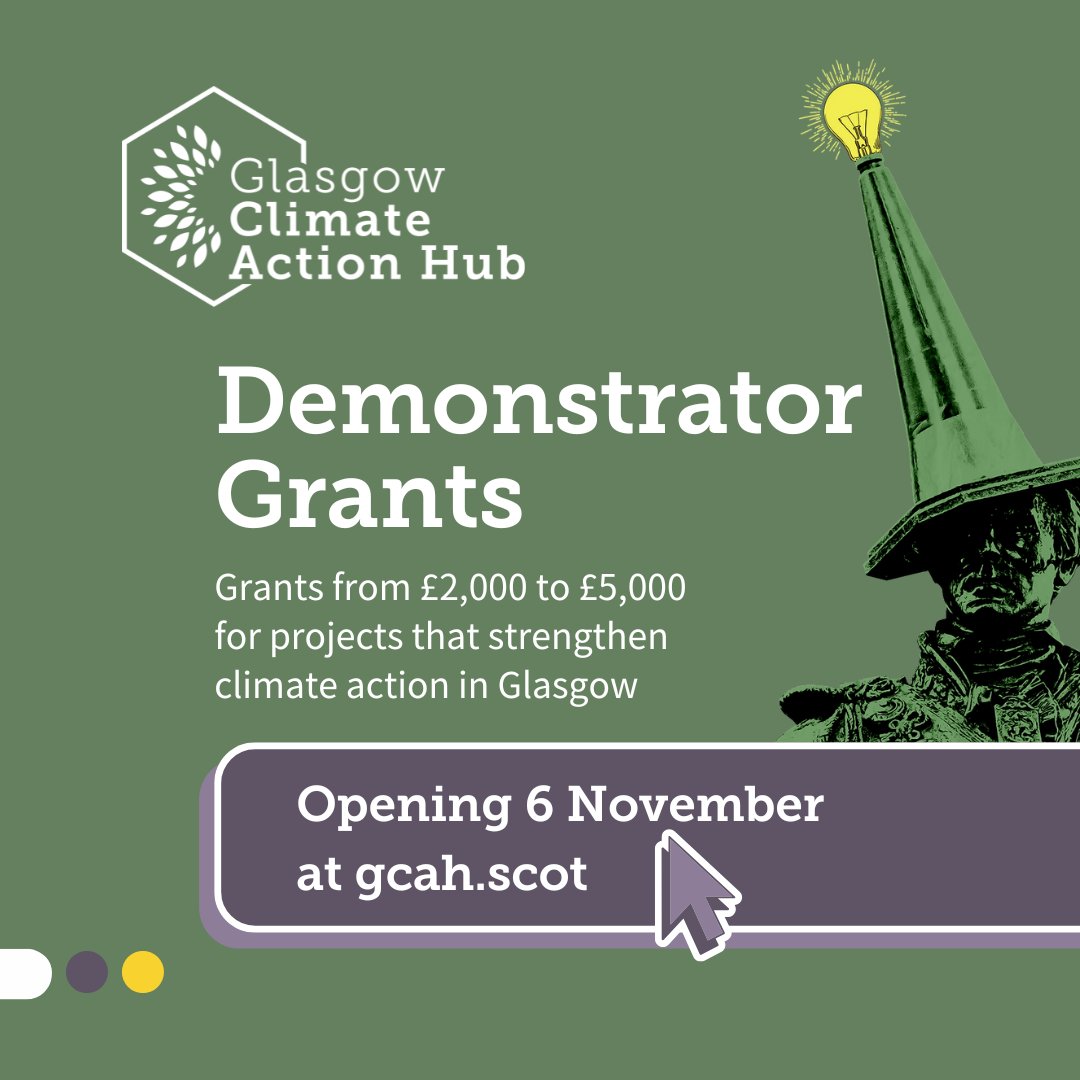 📣We are launching our Demonstrator Grants Programme soon! Up to £5k in funding available. This exciting programme allows us to expand our #climateaction efforts into new communities &amp; test new ideas in #Glasgow. 

🔗Visit our website to find out more - gcah.scot