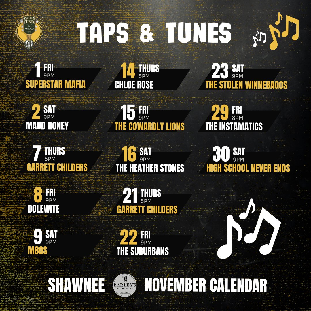 BarleysMidland's tweet image. November's here! This month is full of your favorite musicians and we can't wait to have you join us 🤩🍂 Check out who's performing, tell your friends, and get ready to raise your glass to a great time, every time! #LocalMusicians #LiveMusic