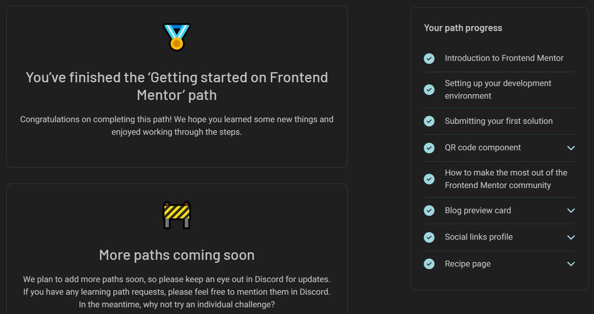 SuhasPatnaik's tweet image. Just completed the “Getting started on Frontend Mentor” learning path. 🎉

The path comprised of 4 challenges along with resources to get up and running on the @frontendmentor platform, to learn Git and GitHub basics and also to work with design files as a developer.

Summary 👇🏽