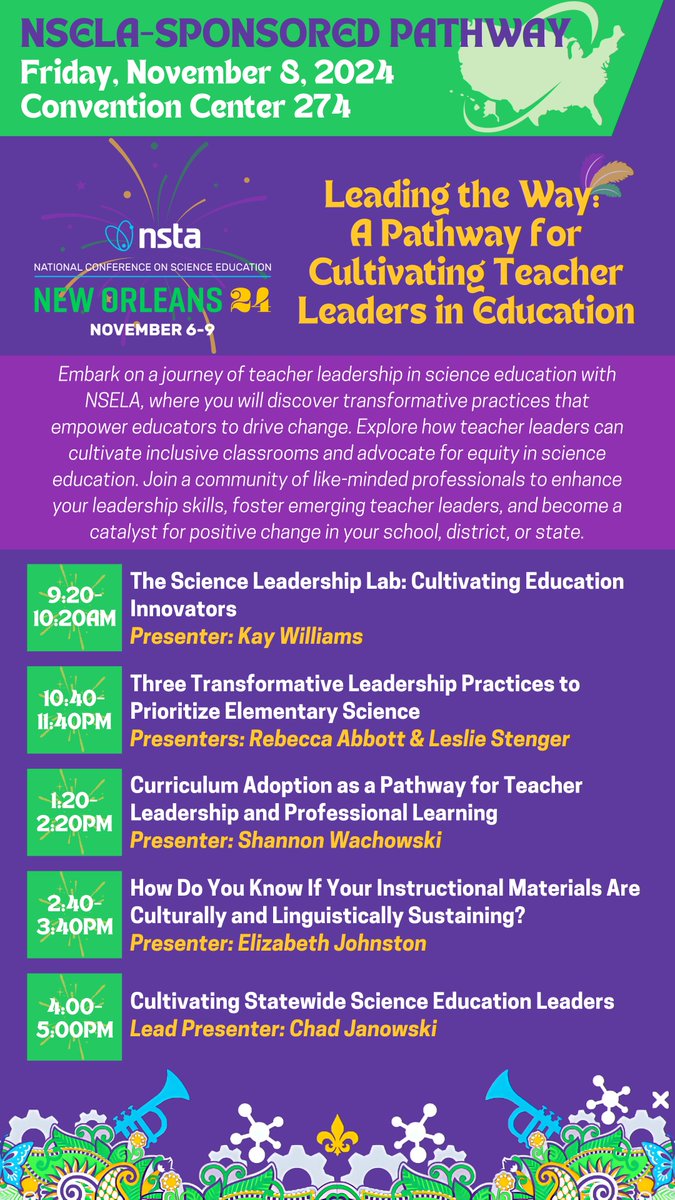 🌟Join NSELA on Nov 8th at the NSTA Conference in New Orleans for a pathway of workshops focused on leadership in science education! Enhance your skills, promote equity, &amp; empower teacher leaders. Be a catalyst for change in your school &amp; community. Don’t miss it!  #NSELANOLA24