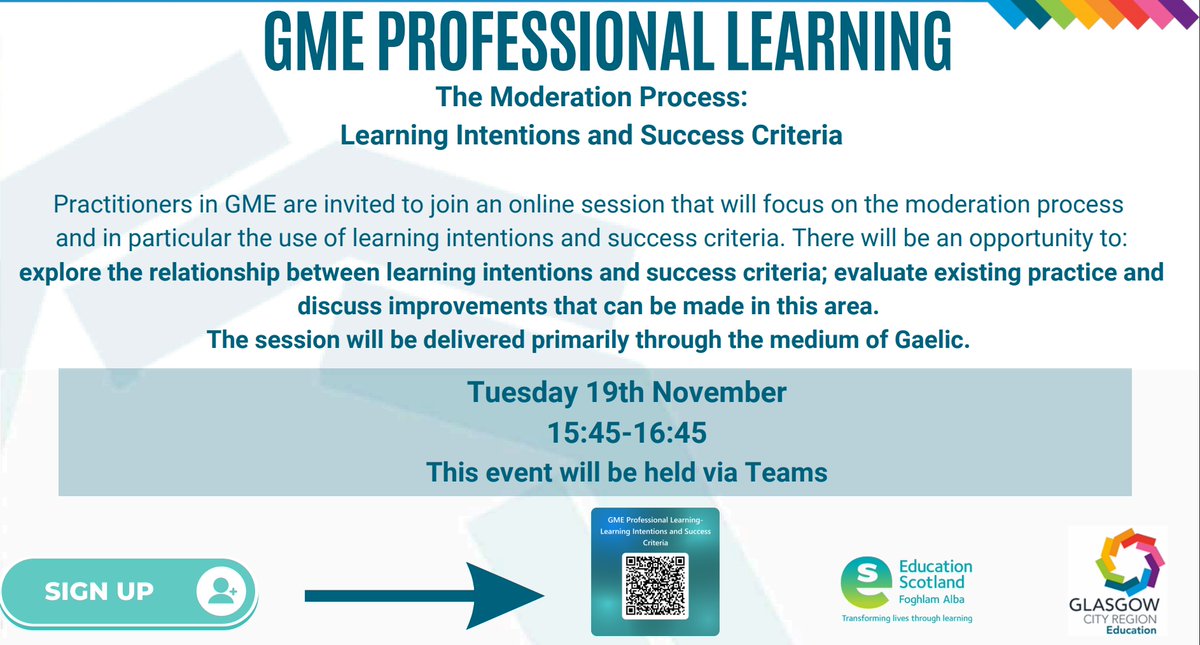 We are delighted to be working in collaboration with the Glasgow Gaelic school and Education Scotland.
Join us as we explore the Moderation process and use of learning intentions and success criteria.

Sign up here: forms.office.com/e/fdWaHrYbCB

@WpsamanthaH