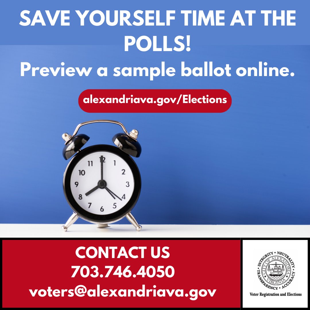 Whether you're voting early or on Election Day (November 5), make sure you check out a sample ballot before showing up at the polls. There are six contests and a proposed state constitutional amendment. Find sample ballots on our website: alexandriava.gov/Elections