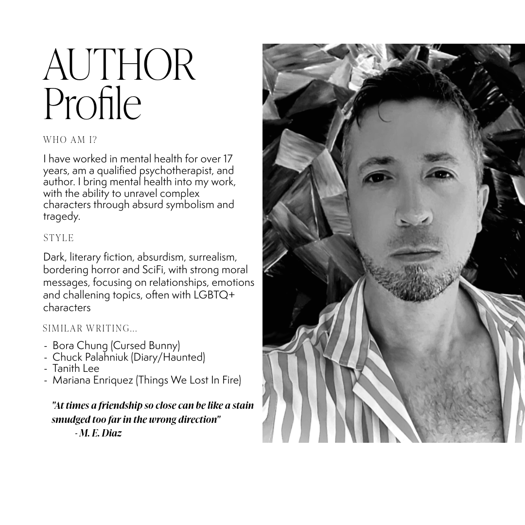 mediazauthor's tweet image. CHUCK PALAHNIUK Haunted X BORA CHUNG Cursed Bunny X MARIANA ENRIQUEZ Things We Lost in Fire 
Dark upmarket fiction of tragedy, surrealism &amp;amp; WTF moments, LGBTQ+ MCs: Novella (IP) 40k &amp;amp; short story (award winning, complete) collection 45k - 👀MY PINNED! @questpit #Q #OS #W #A #DF