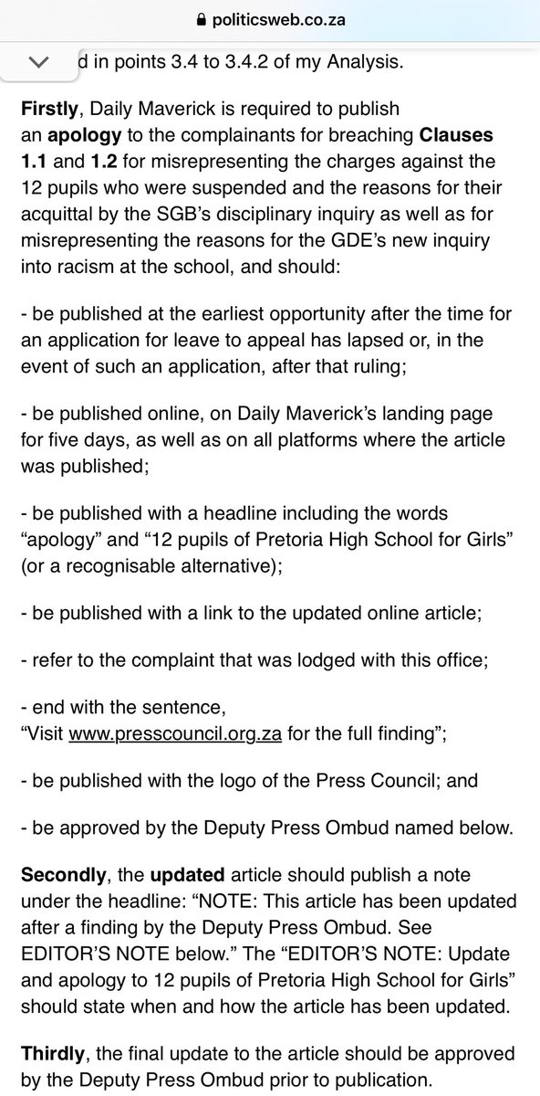 Following a complaint made by parents of 12 falsely accused girls at Pretoria High School for Girls, the Press Ombudsman has instructed the Daily Maverick to publish an apology. 

Finally, some accountability.

This is a major milestone in the battle to defeat #schoolcapture