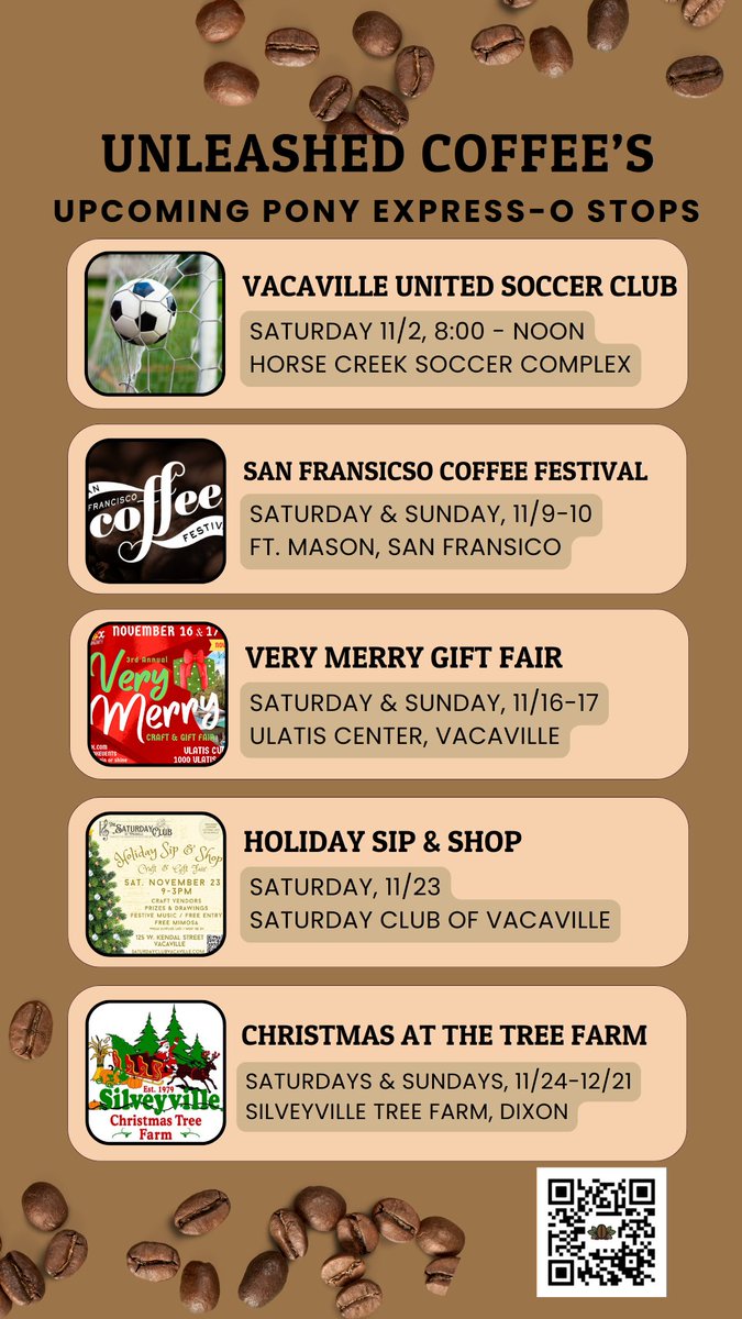 The Pony Express-o is making lots of holiday stops this season!  Be sure to mark your calendars and come see us!

#theponyexpresso #unleashedcoffee #holidaycoffeestops