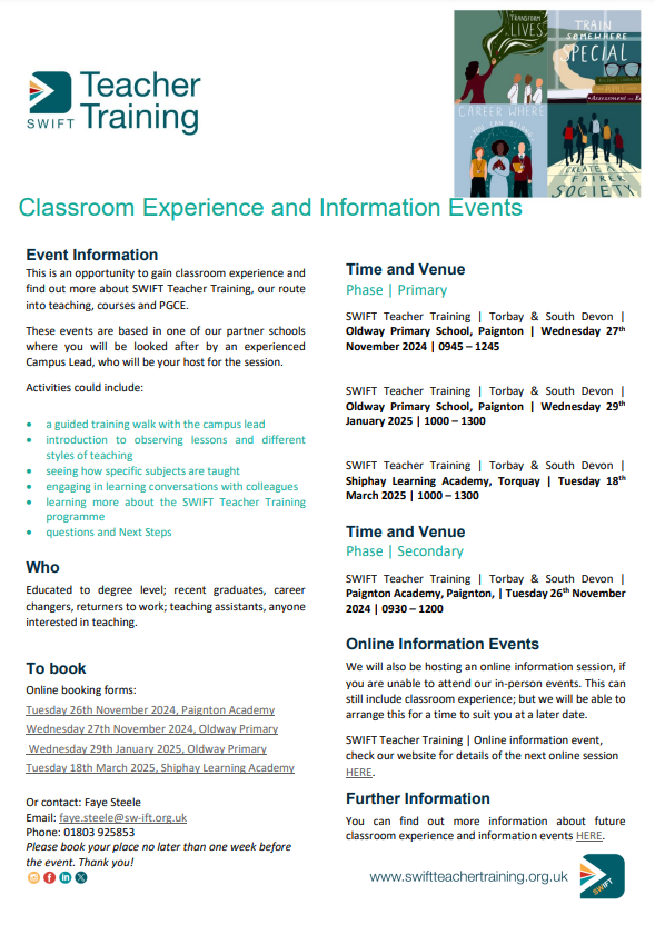 Are you considering a career in teaching? 

Book your place on one of our 'SWIFT Teacher Training Classroom Experience &amp; Information Events'! 

Primary &amp; Secondary events starting on Wednesday 27th November. We look forward to welcoming you! <a href="/Swift_TTraining/">SWIFT Teacher Training</a> <a href="/RivieraTrust/">Riviera Trust</a>