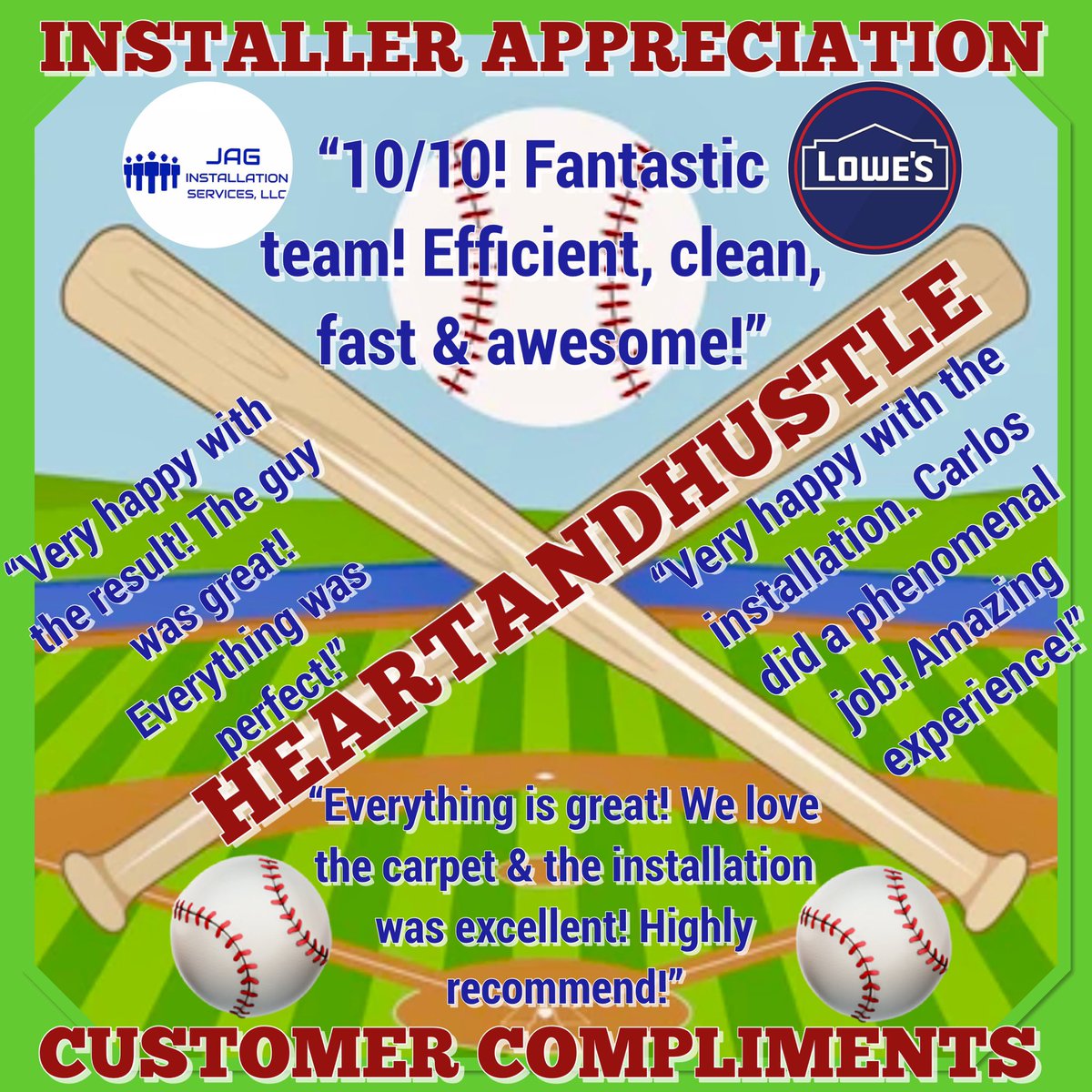 “There’s nothing I can really do but keep going out there &amp; swinging.”#FreddieFreeman

JAG’s #master #installers go out swinging for the fences! The #talent &amp; #hardwork make our #teams #MVPs in #Lowes #region18. Proof is in all the #happycustomers!