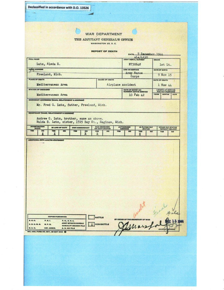 WW2Researcher's tweet image. 1st Lieutenant Aleda E. Lutz, of Freeland, Michigan, and the 802nd Air Evacuation Squadron, was killed in a plane crash at Crest de la Pedrix, France, on November 1, 1944, 80 years ago today. @AFmuseum @HistSocietyMI #802ndAirEvacuationSquadron @WW2Researcher