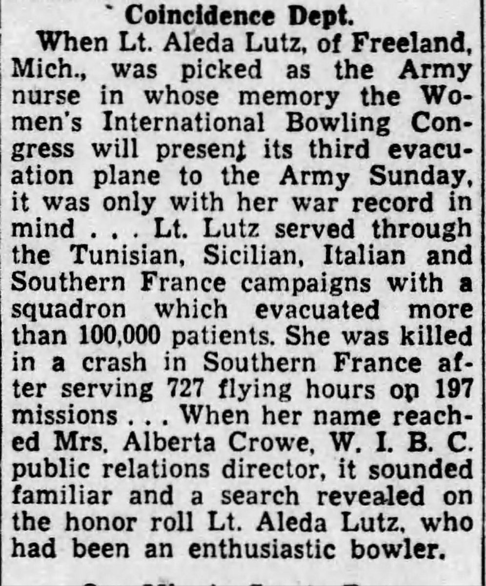 WW2Researcher's tweet image. 1st Lieutenant Aleda E. Lutz, of Freeland, Michigan, and the 802nd Air Evacuation Squadron, was killed in a plane crash at Crest de la Pedrix, France, on November 1, 1944, 80 years ago today. @AFmuseum @HistSocietyMI #802ndAirEvacuationSquadron @WW2Researcher