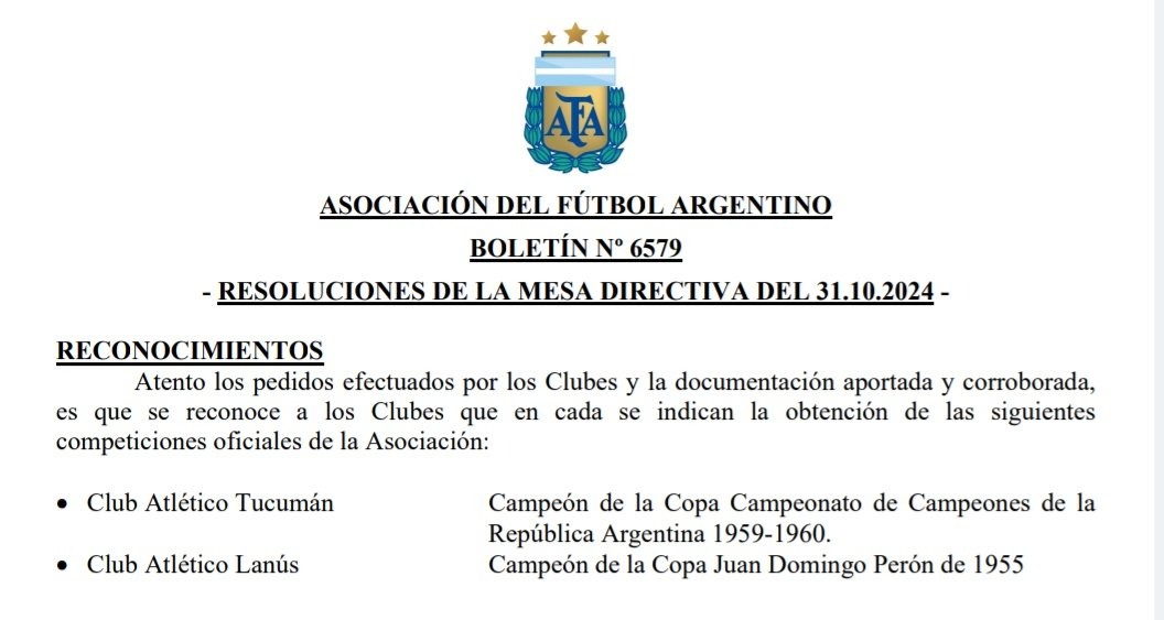 ATOficial's tweet photo. 🥳 ¡El Deca ya salió campeón ...!

📄 La Asociación del Fútbol Argentino (AFA) publicó en su boletín oficial número 6579 del 31/10/24 el reconocimiento al Club Atlético Tucumán por la obtención de la Copa de Campeones de la República 1959/60, certamen considerado como Copa Nacional de Primera División.

🏆 Cabe recordar que el presidente de AFA, Claudio Tapia, había leído la resolución en la cena aniversario del 28 de septiembre pasado y entregó el trofeo al presidente del club, Dr. Mario Leito, y a los héroes de aquella epopeya, Hugo Ginel y Gregorio García.