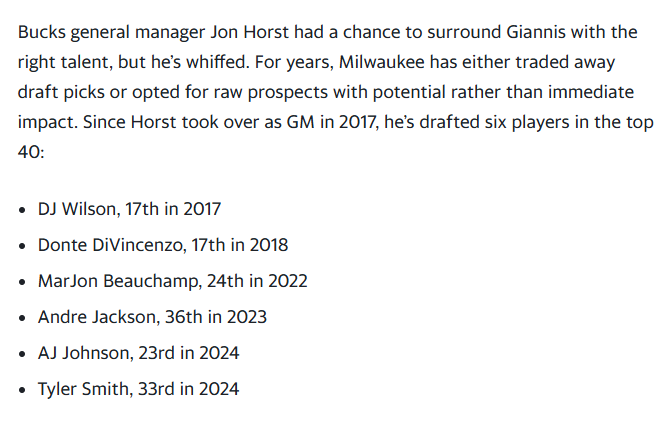 KevinOConnor's tweet photo. The Bucks have lost building on the margins over the last 7 years - that's why they're in the place they are today: 1-4 with the NBA's 3rd worst net rating, zero assets, and in the repeater luxury tax. https://t.co/Q8YsC5PkVi