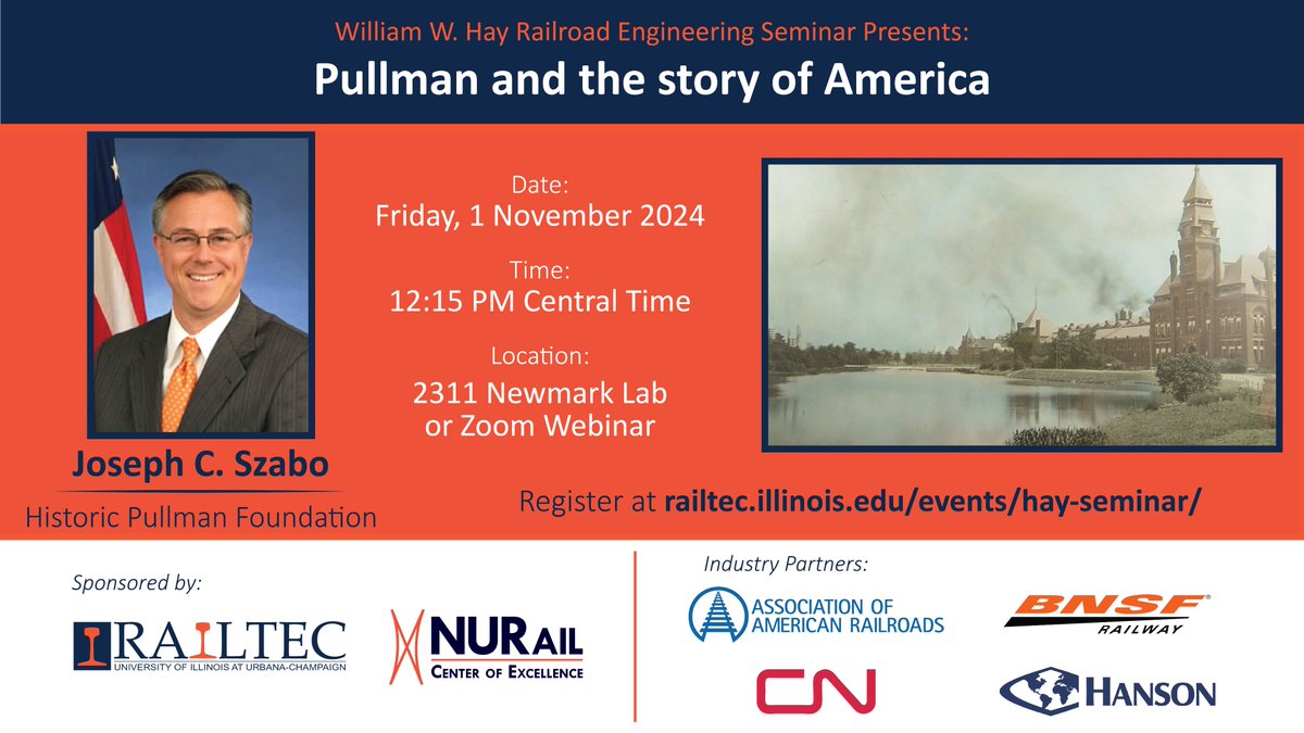 Join us today for Joseph Szabo's presentation "Pullman and the Story of America" as part of our William W. Hay Railroad Engineering Seminar Series.

Register at railtec.illinois.edu/events/hay-sem…