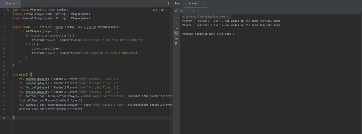 notprithviraj's tweet photo. 🎉 Completed my Kotlin course! Today was all about custom classes, inheritance, and generics. Created specialized player classes &amp; a flexible team setup with generics. This journey boosted my Android skills &amp; Kotlin knowledge—ready for the next level! 🚀 #Kotlin #AndroidDev https://t.co/tBzELgnbR8