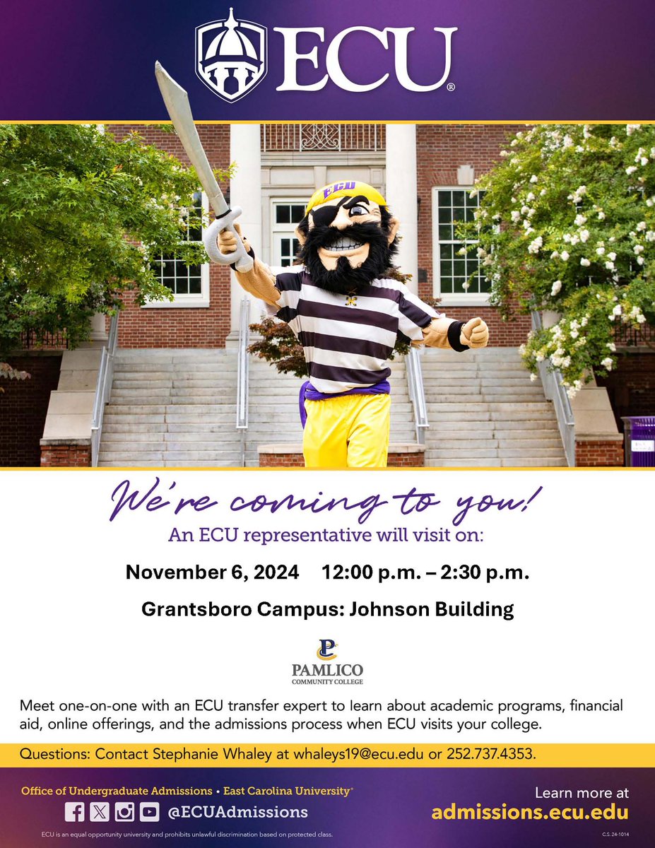 pamlico_cc's tweet photo. Interested in transferring to East Carolina University? Then be sure to meet with the ECU representative who will be here next Wednesday, Nov. 6! The rep will be at the Mattocks Center in Bayboro from 9 to 11:30 a.m. and in the Johnson Building on campus from noon to 2:30 p.m. https://t.co/Z5wnOrpYkR