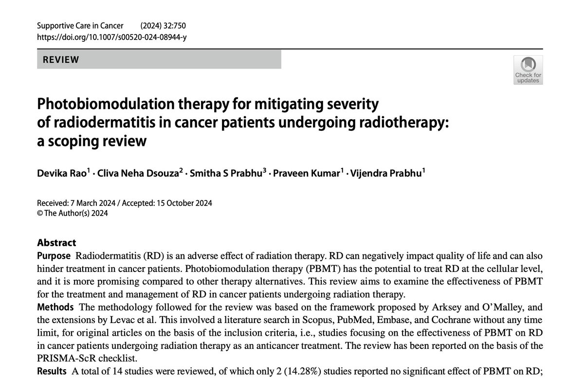 CancerCareMASCC's tweet photo. New open-access article in @MASCC_JSCC: Photobiomodulation therapy for mitigating severity of radiodermatitis in cancer patients undergoing radiotherapy

https://t.co/R8xxCSruu6

#SuppOnc

Authors: Devika Rao, Cliva Neha Dsouza, Smitha S Prabhu, Praveen Kumar &amp; @Vijendra_MIT https://t.co/Lr3vtwn0aq