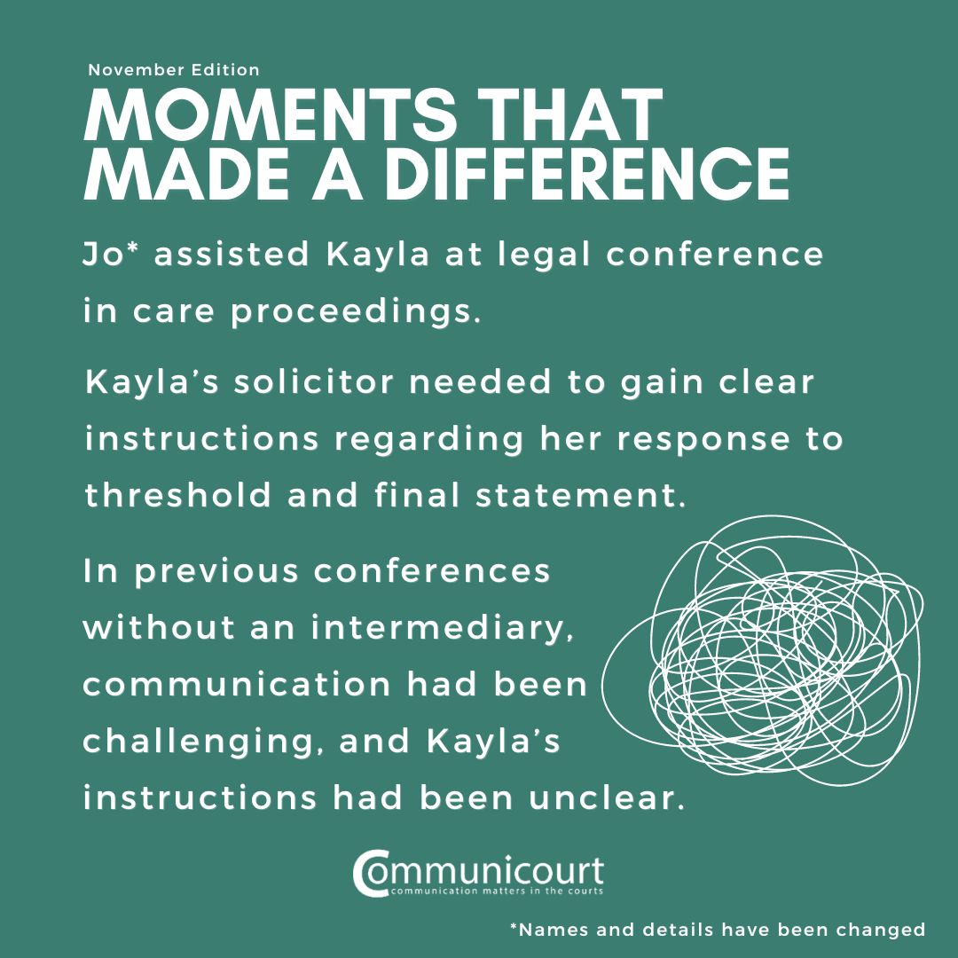 Communicourt's tweet photo. In November's Moment that Made a Difference, Jo* assists Kayla and her solicitor in a conference to take instructions on threshold. In previous conferences without an intermediary, communication had been difficult. Kayla’s instructions had been unclear.

*names / details changed https://t.co/mkOFpnCfsA