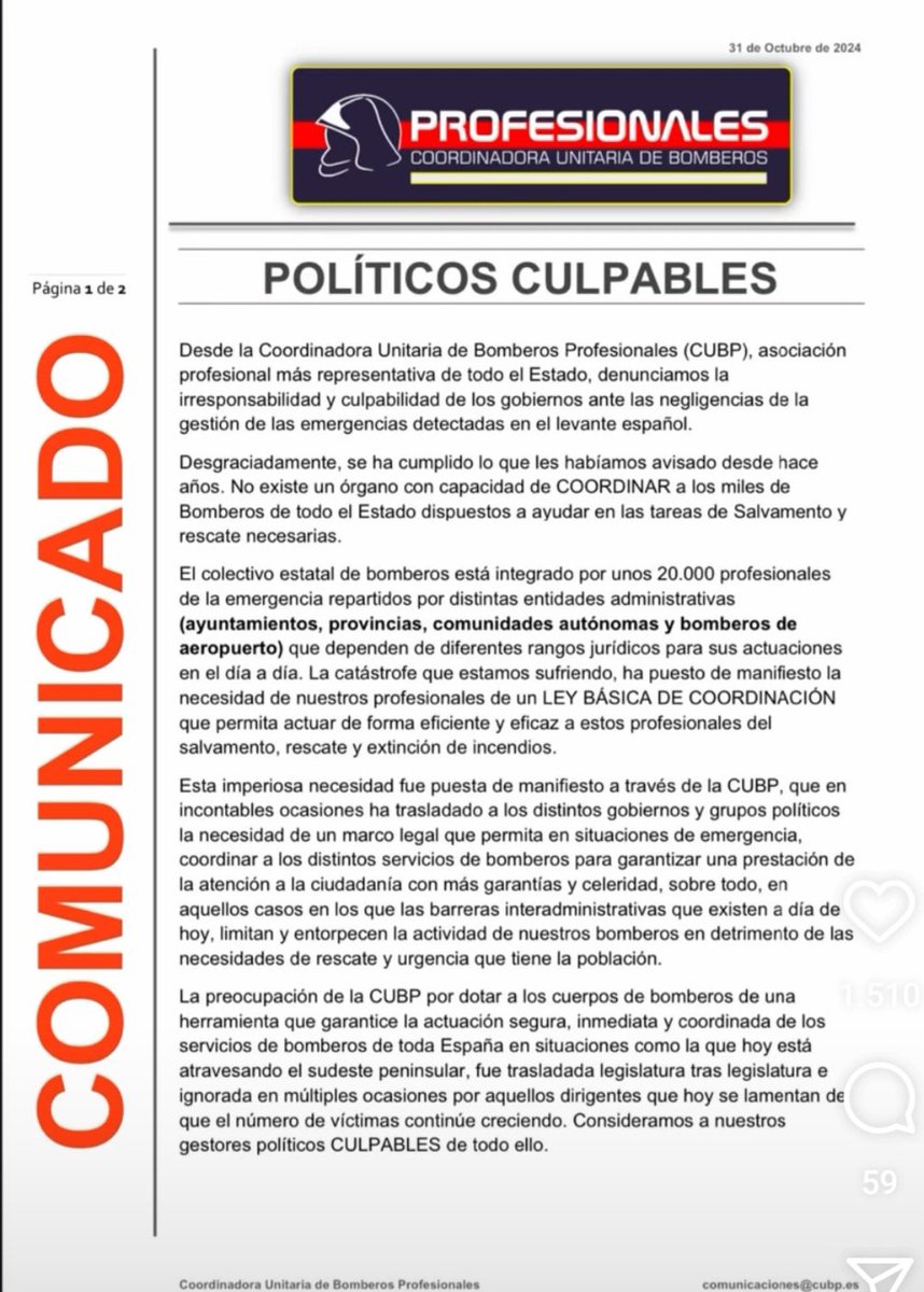 Para que no haya ninguna duda, bomberos y FFCCSSEE han emitido sendos comunicados en los que culpan al gobierno de no dejarles salir para colaborar en las labores de rescate en Valencia. 

HAY QUE ECHAR A ESTA GENTUZA YA.
#SanchezAPrisión 
#MarlaskaAPrisión
#RoblesAPrisión